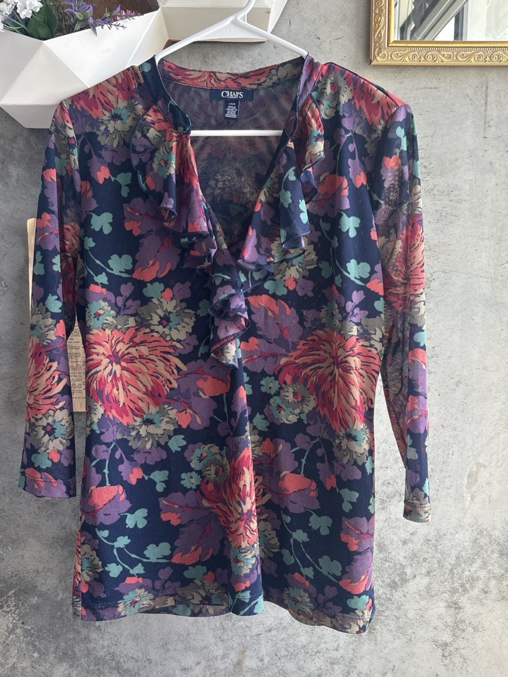 Chaps Mesh Floral Ruffle Blouse